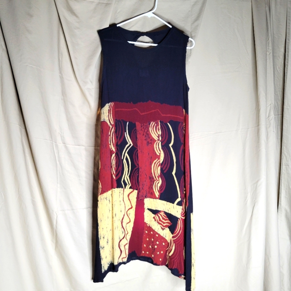Vintage Black Patterned Rayon Midi Dress Medium